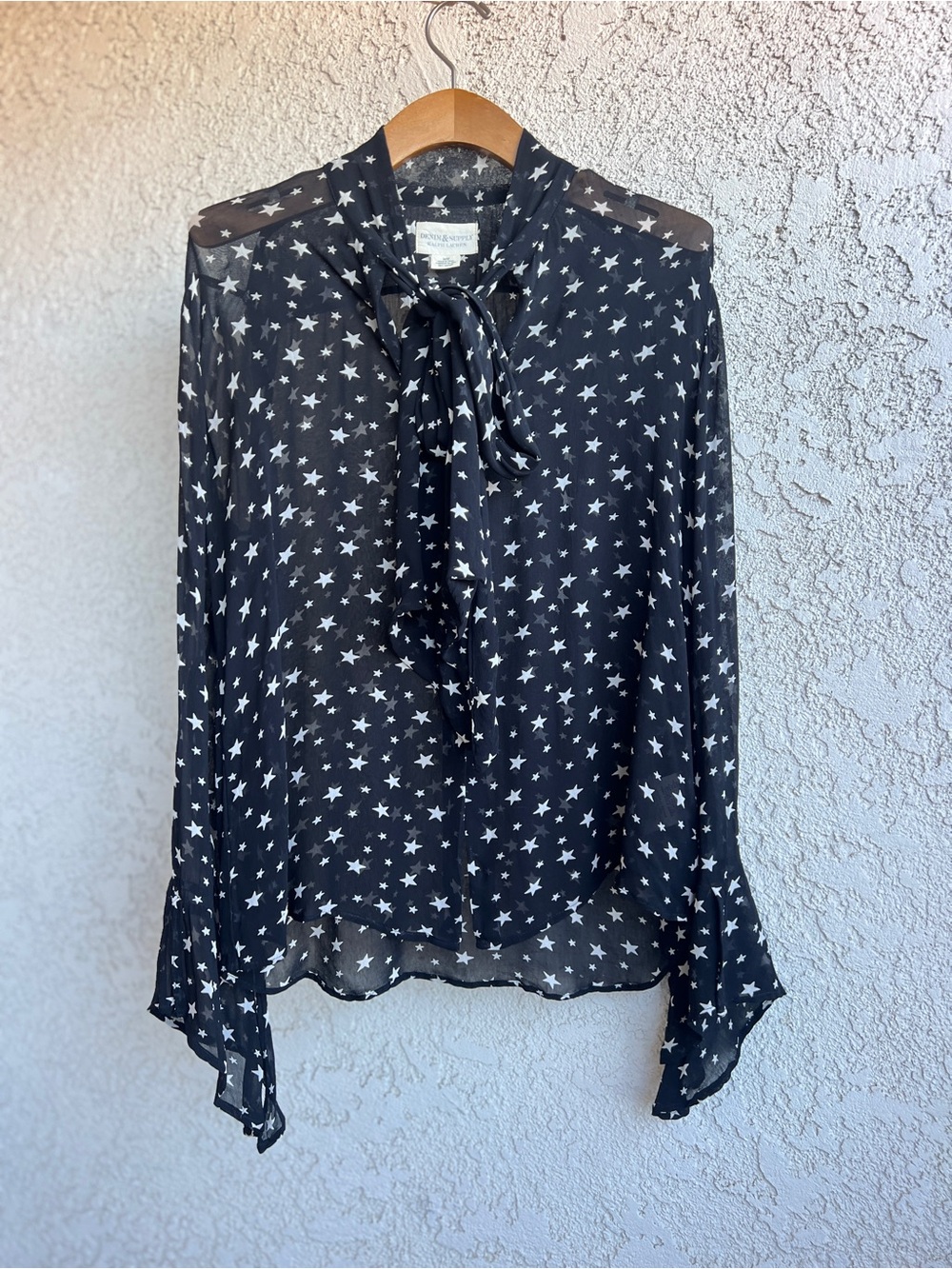 Denim & Supply Ralph Lauren Black Star Print Tie-Neck Sheer Blouse 100% Viscose